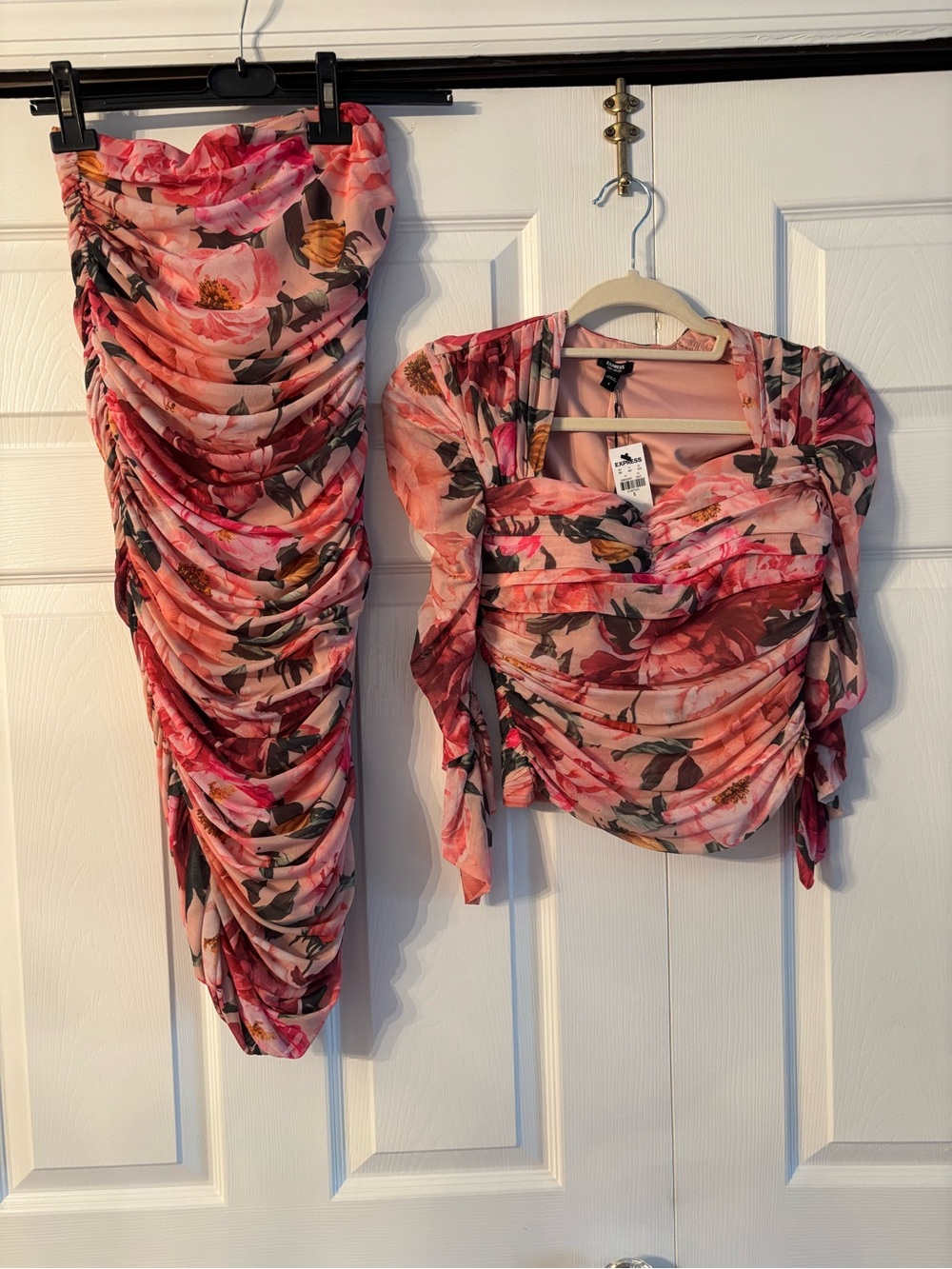 Express Pink Floral Ruched Two-Piece Set